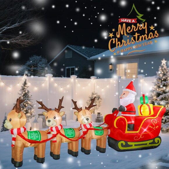 ⚡12FT Christmas Inflatable Santa Claus Sleigh Reindeer Outdoor Decoration - Picture 3 of 7